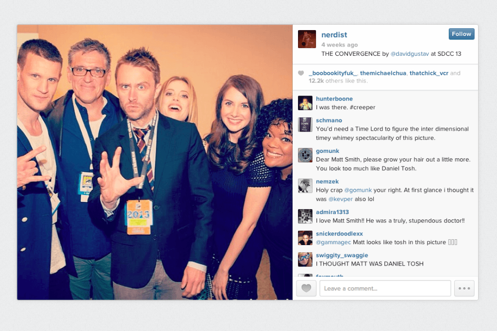 Instagram screenshot of Nerdist post featuring Matt Smith, Craig Ferguson, Chris Hardwick, and Community's Gillian Jacobs, Allison Brie, and Nicole Yvette Brown